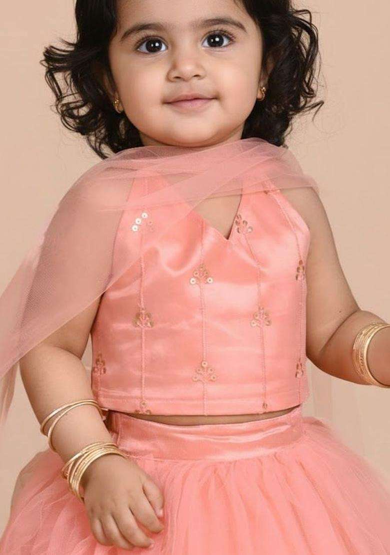 Peach Embellished Net Lehenga Set For Girls - Indya