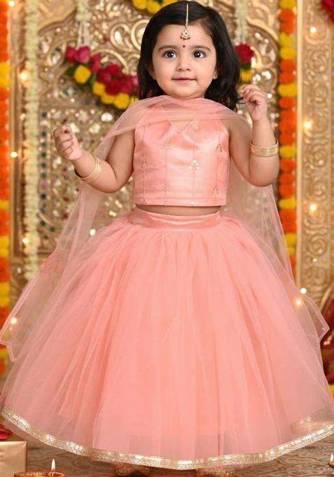 Peach Embellished Net Lehenga Set For Girls