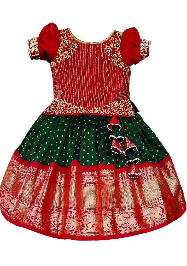 Red Embroidered Polyester Lehenga Set For Girls - Indya