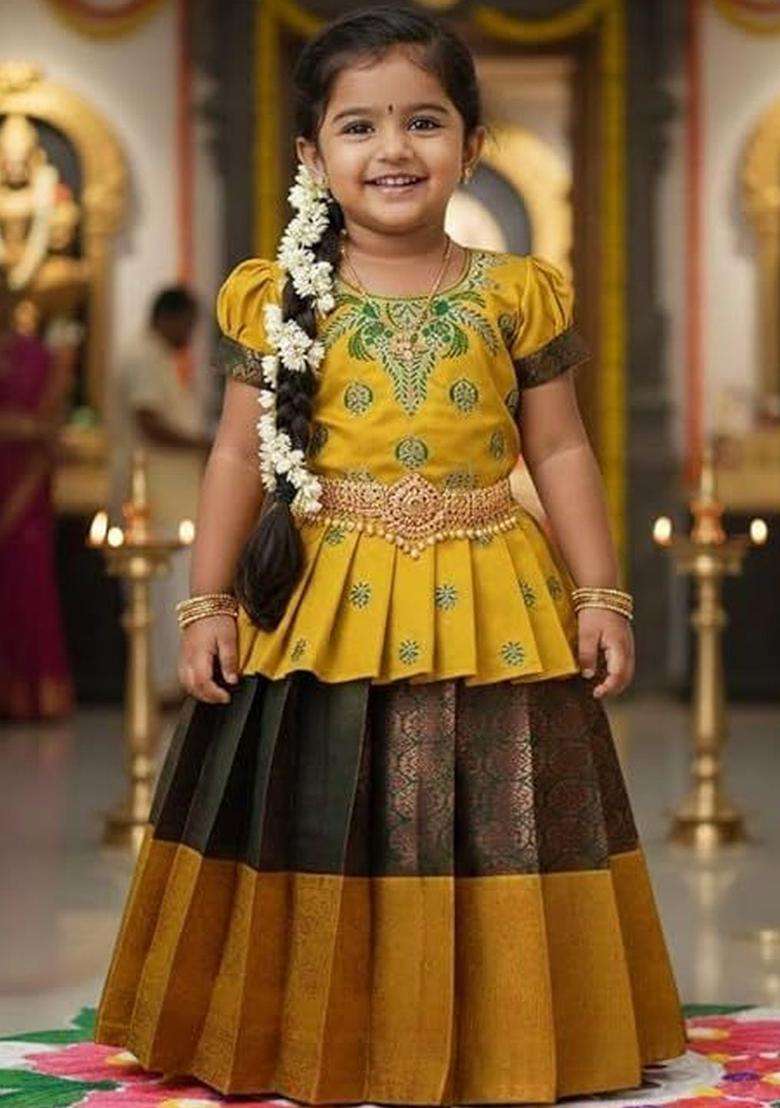 Yellow Embroidered Silk Lehenga Set For Girls - Indya