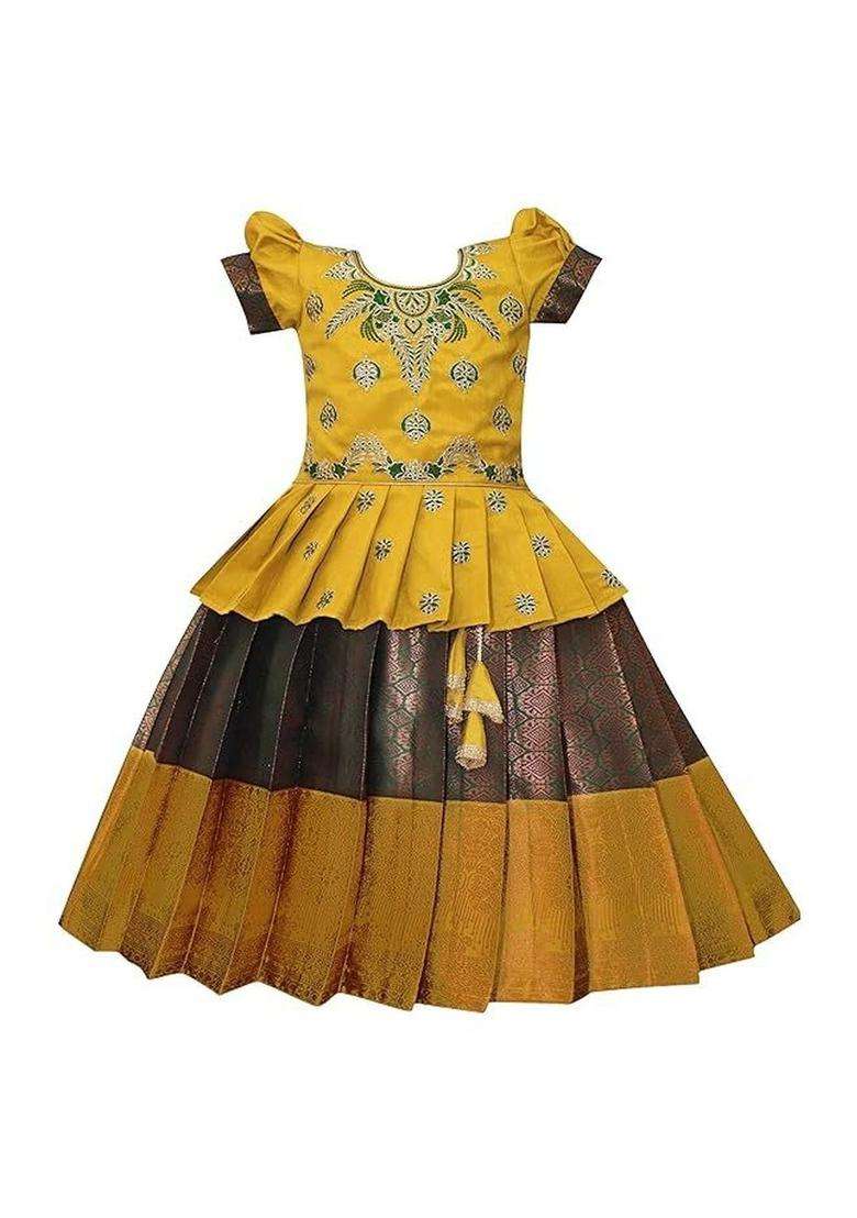 Yellow Embroidered Silk Lehenga Set For Girls - Indya