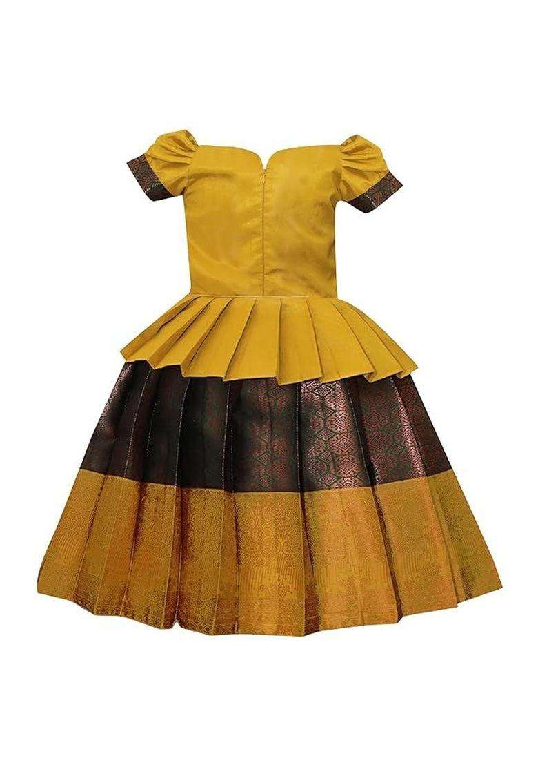 Yellow Embroidered Silk Lehenga Set For Girls - Indya