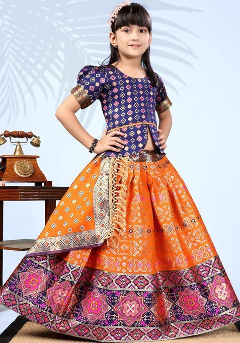 Orange Woven Design Silk Lehenga Set For Girls — view on Indya