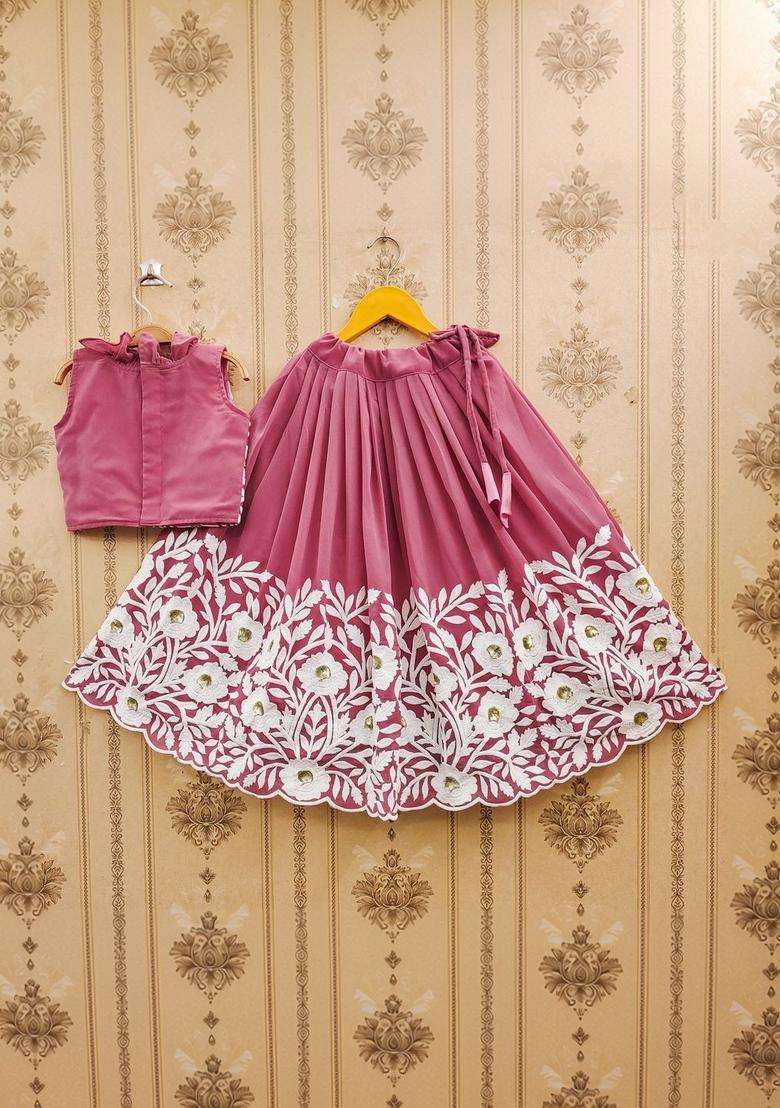 Peach Embroidered Silk Lehenga Set For Girls - Indya