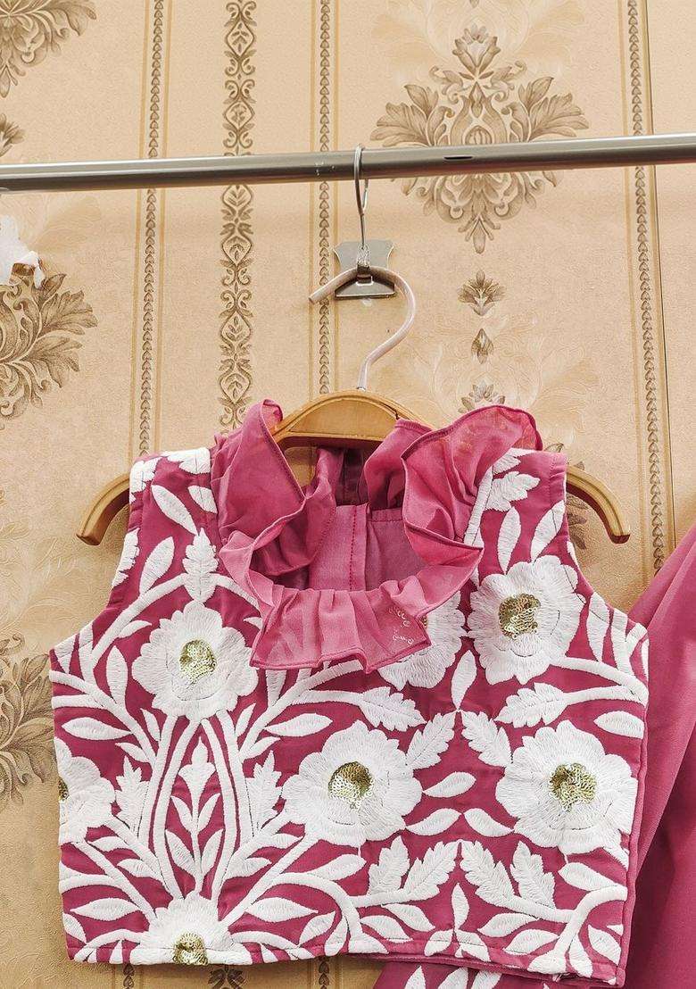 Peach Embroidered Silk Lehenga Set For Girls - Indya