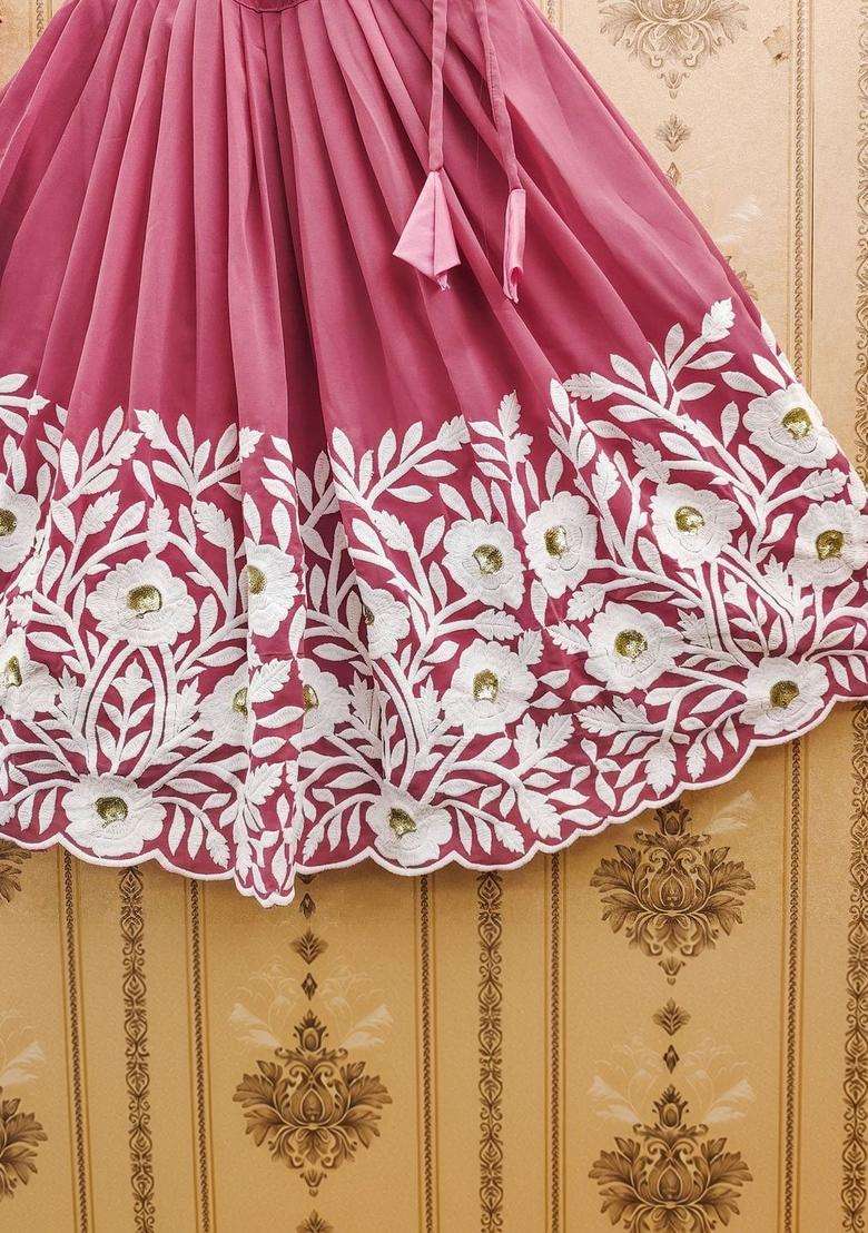 Peach Embroidered Silk Lehenga Set For Girls - Indya