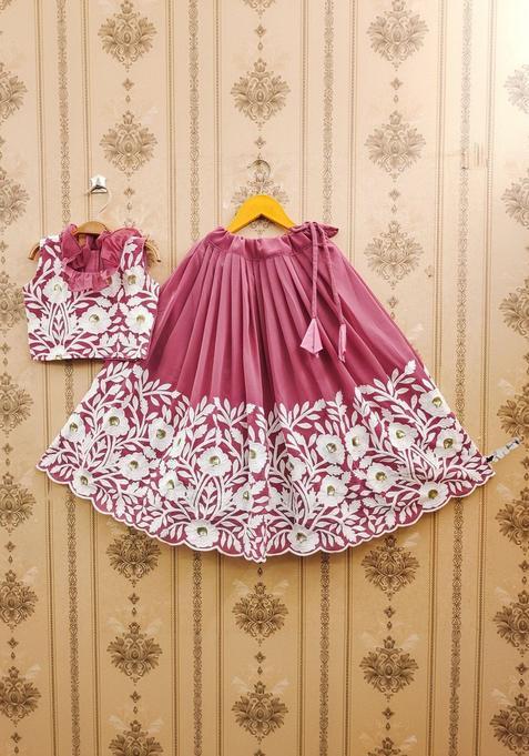 Peach Embroidered Silk Lehenga Set For Girls — view on Indya