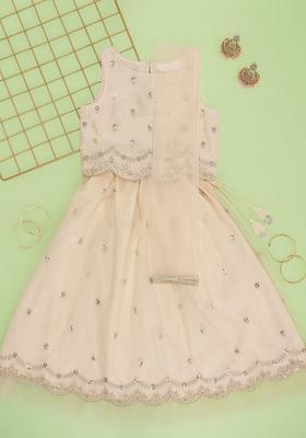 White Embroidered Silk Lehenga Set For Girls