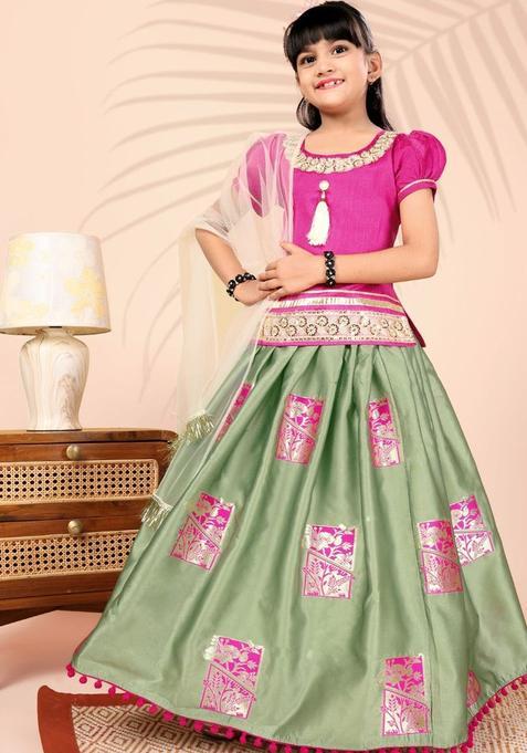 Green Embellished Silk Lehenga Set For Girls — view on Indya