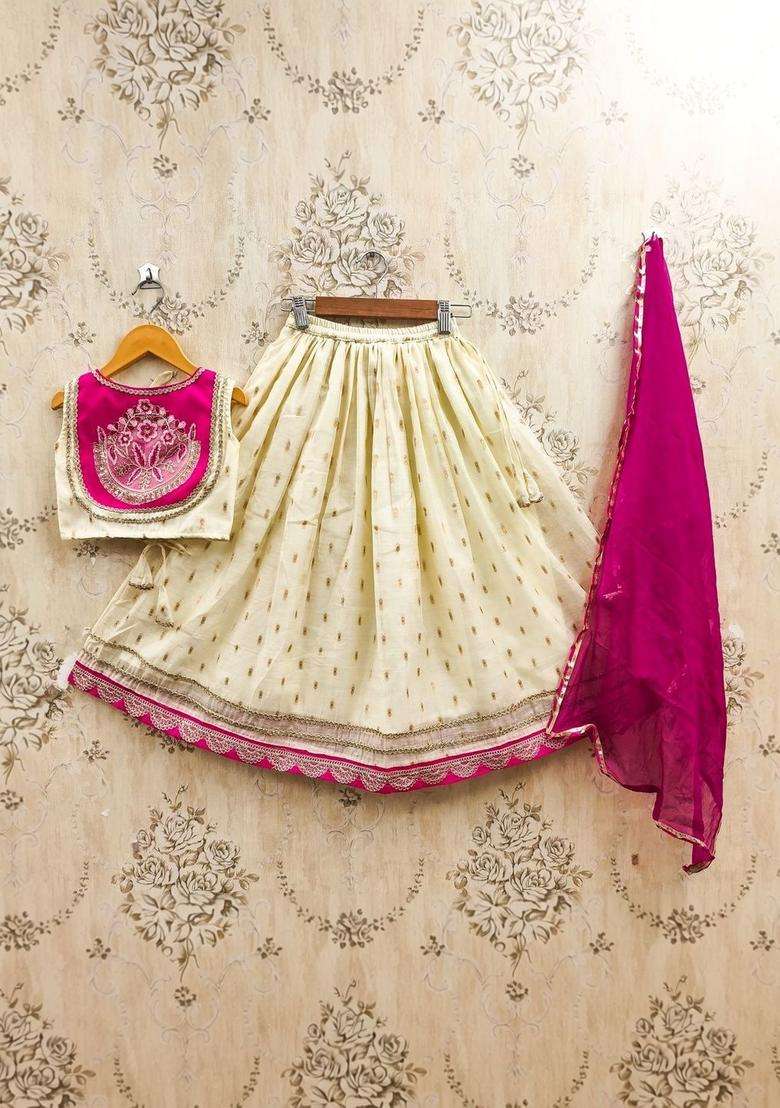 Beige Embroidered Silk Lehenga Set For Girls - Indya