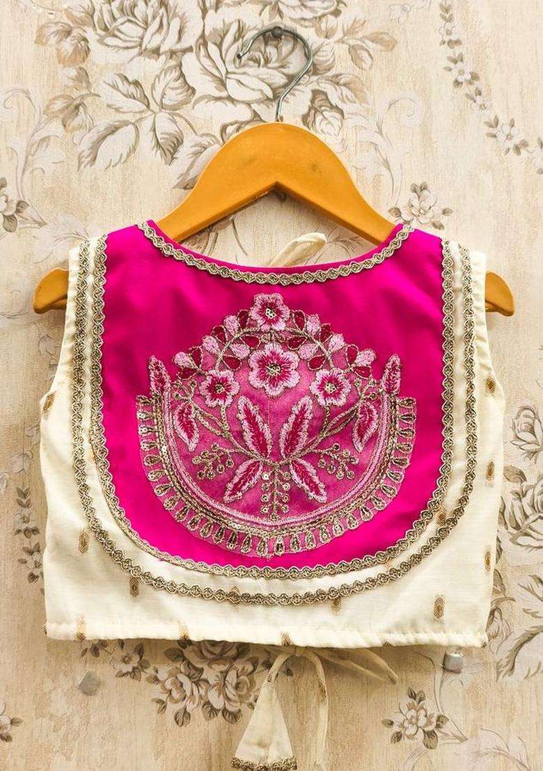 Beige Embroidered Silk Lehenga Set For Girls - Indya