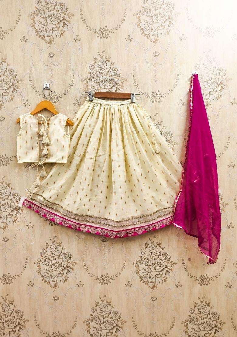 Beige Embroidered Silk Lehenga Set For Girls - Indya