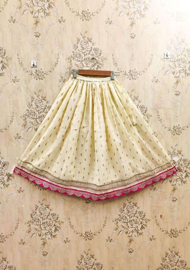 Beige Embroidered Silk Lehenga Set For Girls - Indya