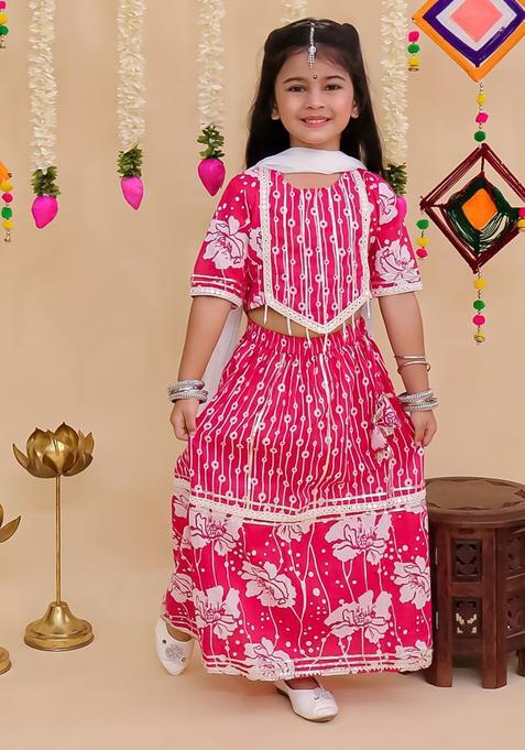 Pink Printed Cotton Lehenga Set For Girls — view on Indya