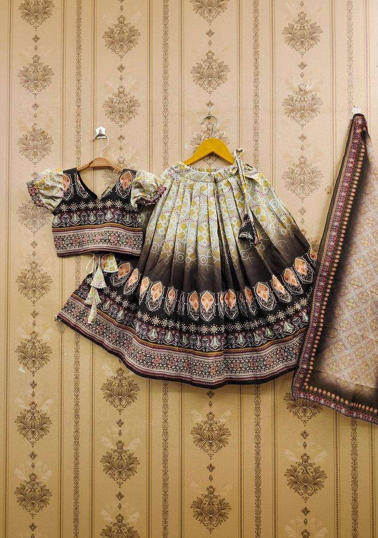 Grey Printed Viscose Lehenga Set For Girls - Indya