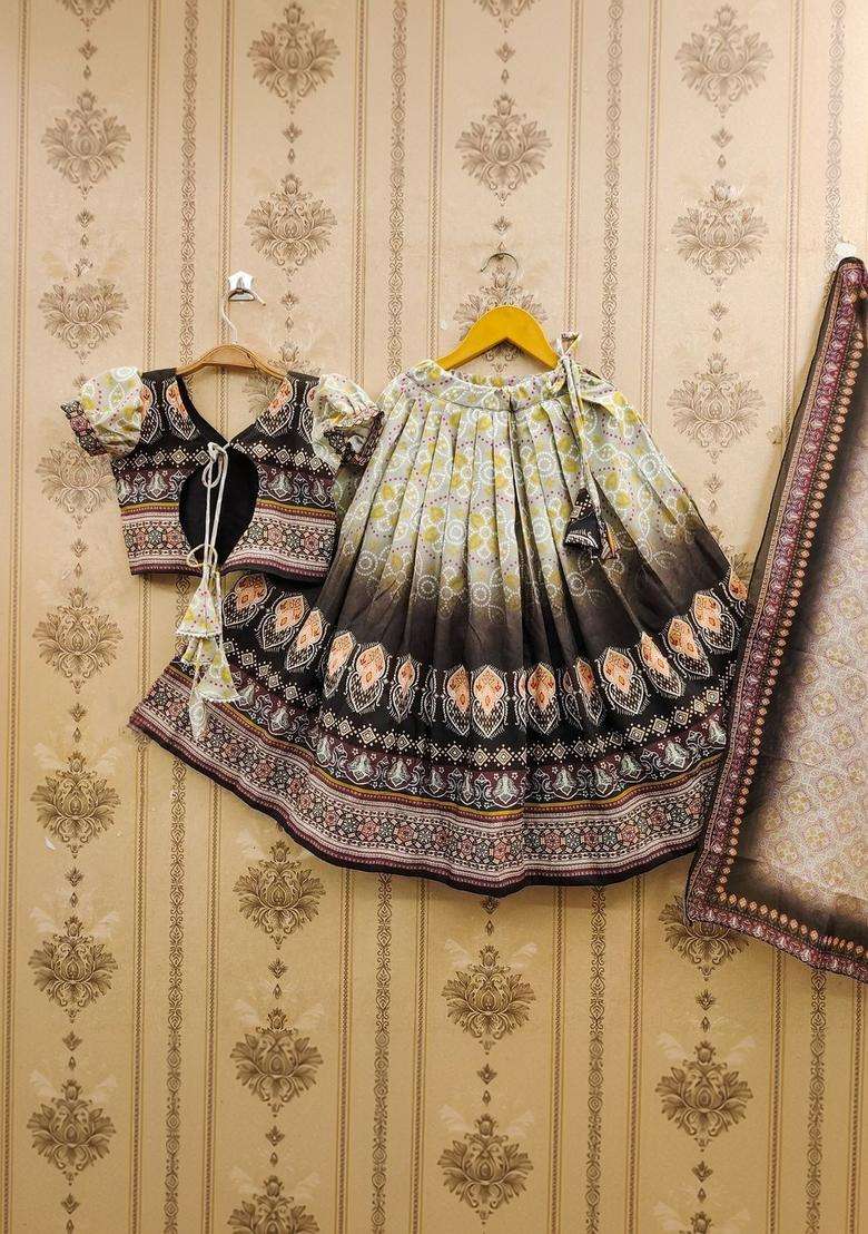 Grey Printed Viscose Lehenga Set For Girls - Indya