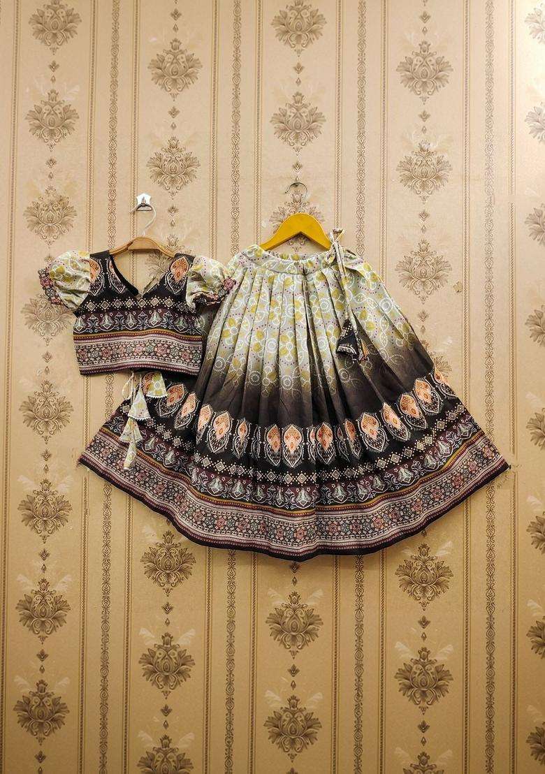 Grey Printed Viscose Lehenga Set For Girls - Indya