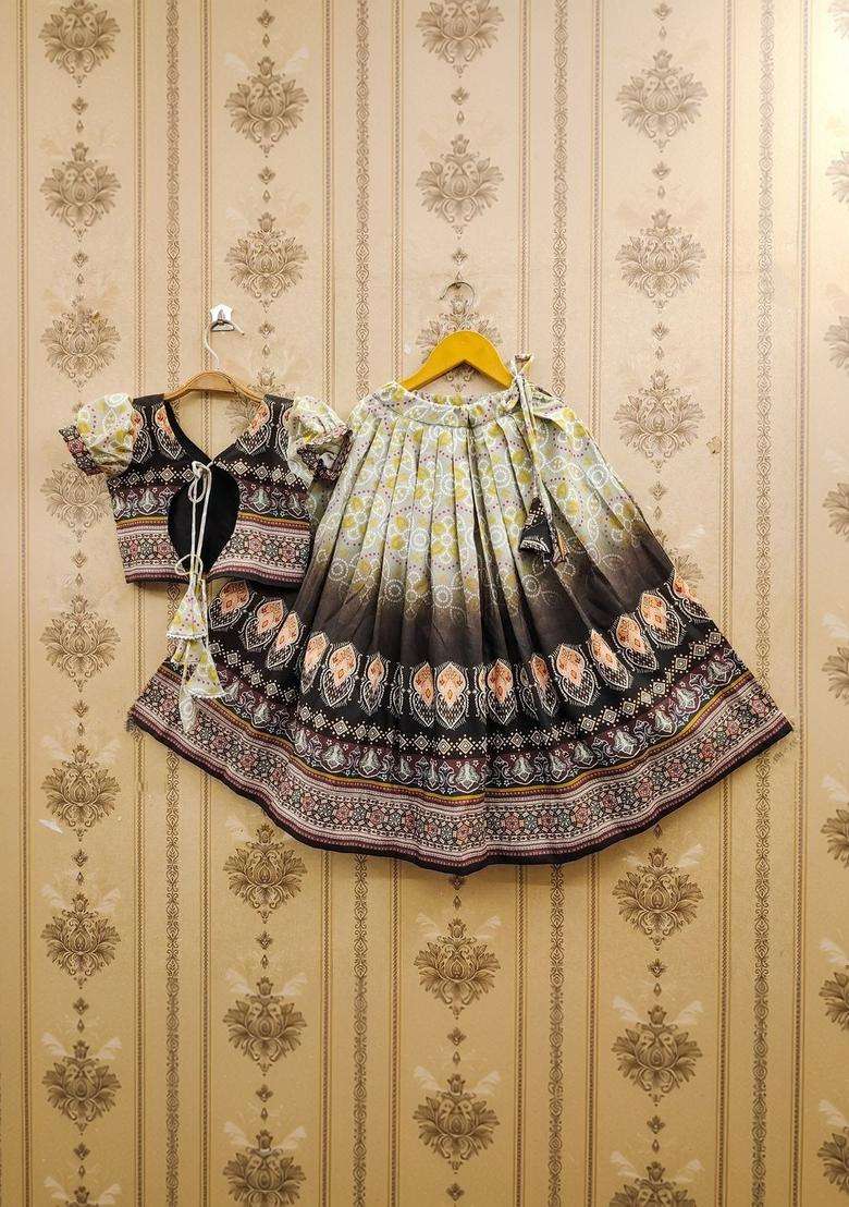 Grey Printed Viscose Lehenga Set For Girls - Indya