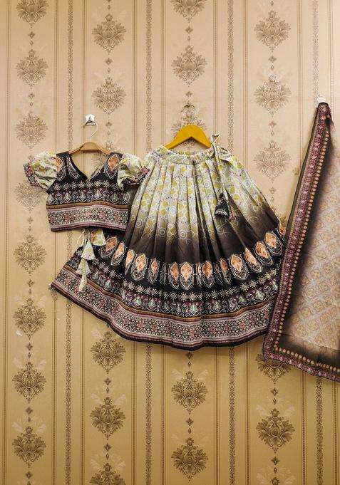 Grey Printed Viscose Lehenga Set For Girls