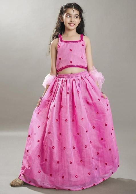Pink Embroidered Silk Lehenga Set For Girls — view on Indya