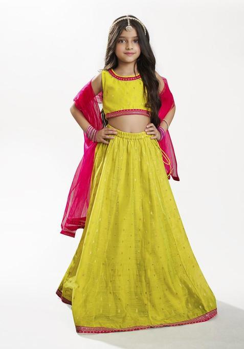 Green Embroidered Silk Lehenga Set For Girls — view on Indya