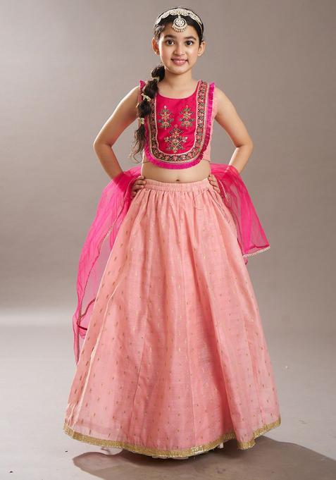 Peach Embroidered Silk Lehenga Set For Girls — view on Indya