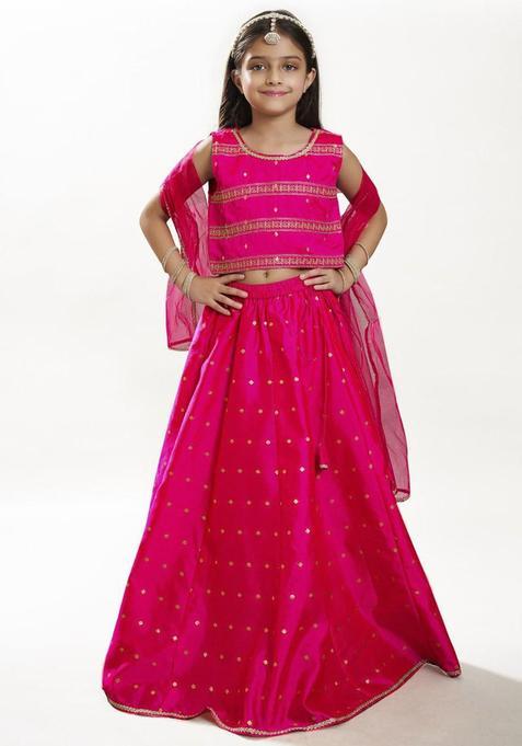 Pink Embroidered Silk Lehenga Set For Girls — view on Indya