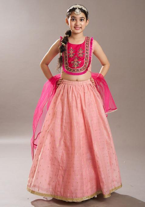 Pink Embroidered Silk Lehenga Set For Girls — view on Indya