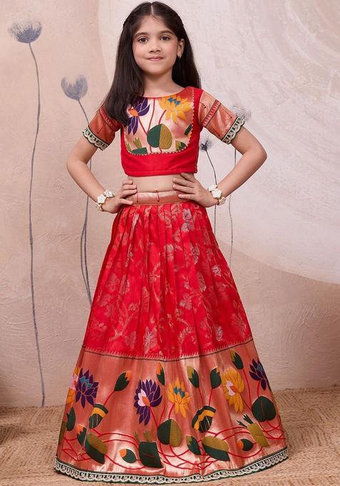 Red Embroidered Silk Lehenga Set For Girls — view on Indya
