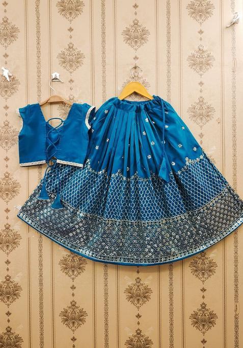 Blue Embellished Silk Lehenga Set For Girls — view on Indya