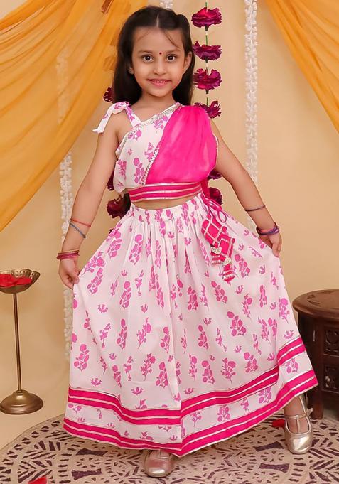 Pink Printed Cotton Lehenga Set For Girls — view on Indya