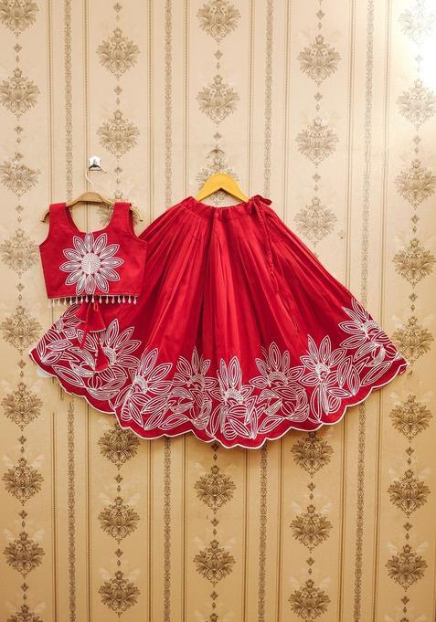 Red Embroidered Silk Lehenga Set For Girls — view on Indya