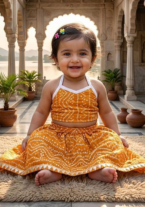 Yellow Printed Cotton Lehenga Set For Girls — view on Indya