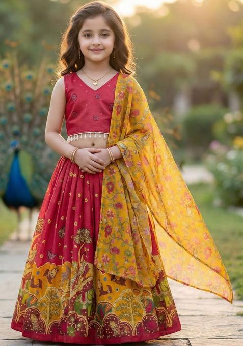 Red Printed Silk Lehenga Set For Girls — view on Indya