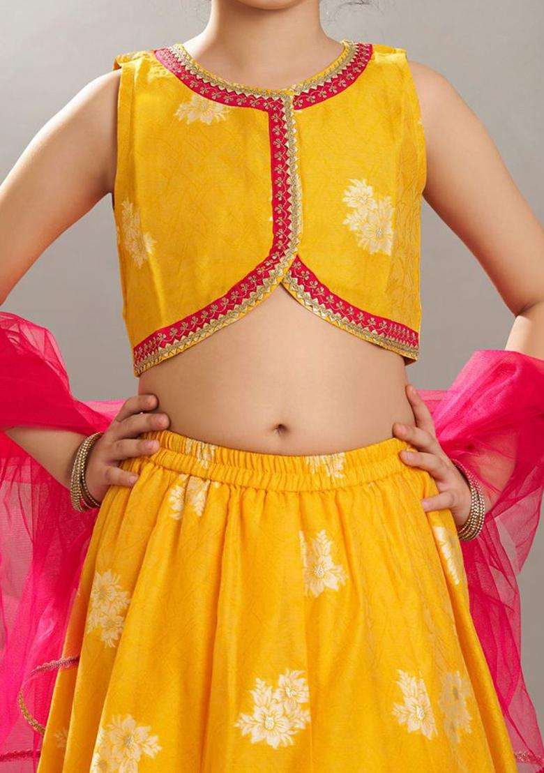 Yellow Woven Design Silk Lehenga Set For Girls - Indya