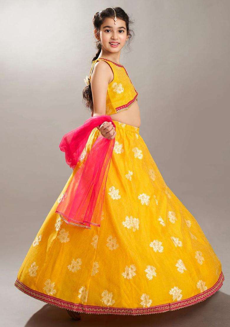 Yellow Woven Design Silk Lehenga Set For Girls - Indya