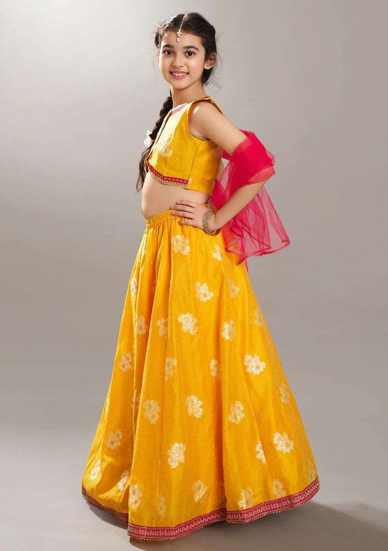 Yellow Woven Design Silk Lehenga Set For Girls - Indya