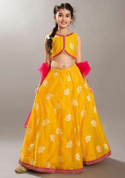 Yellow Woven Design Silk Lehenga Set For Girls