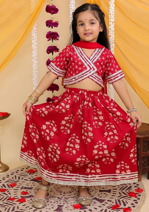 Red Printed Cotton Lehenga Set For Girls — view on Indya