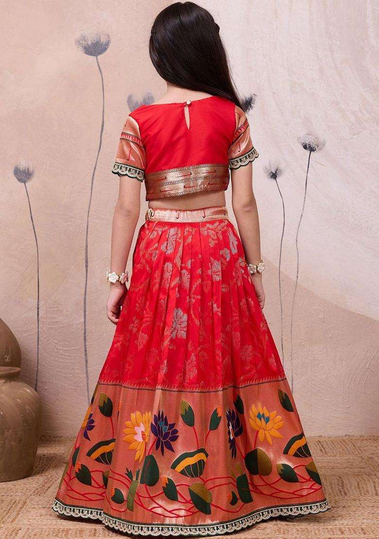 Red Woven Design Silk Lehenga Set For Girls - Indya