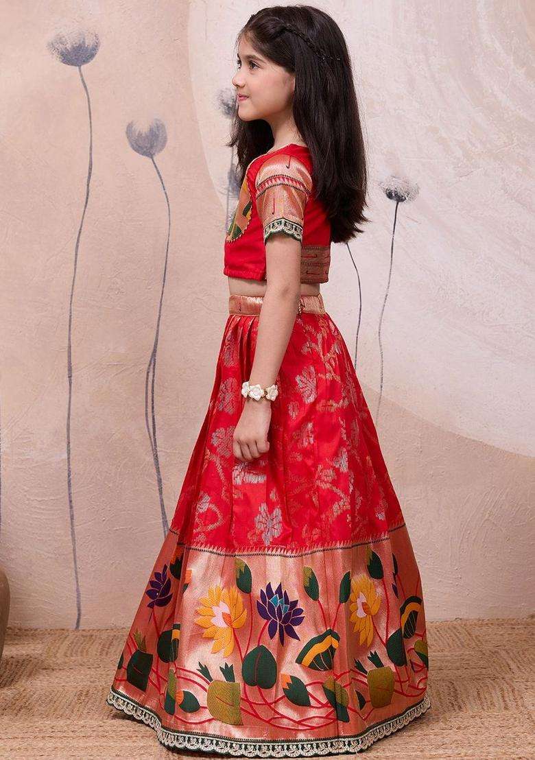 Red Woven Design Silk Lehenga Set For Girls - Indya