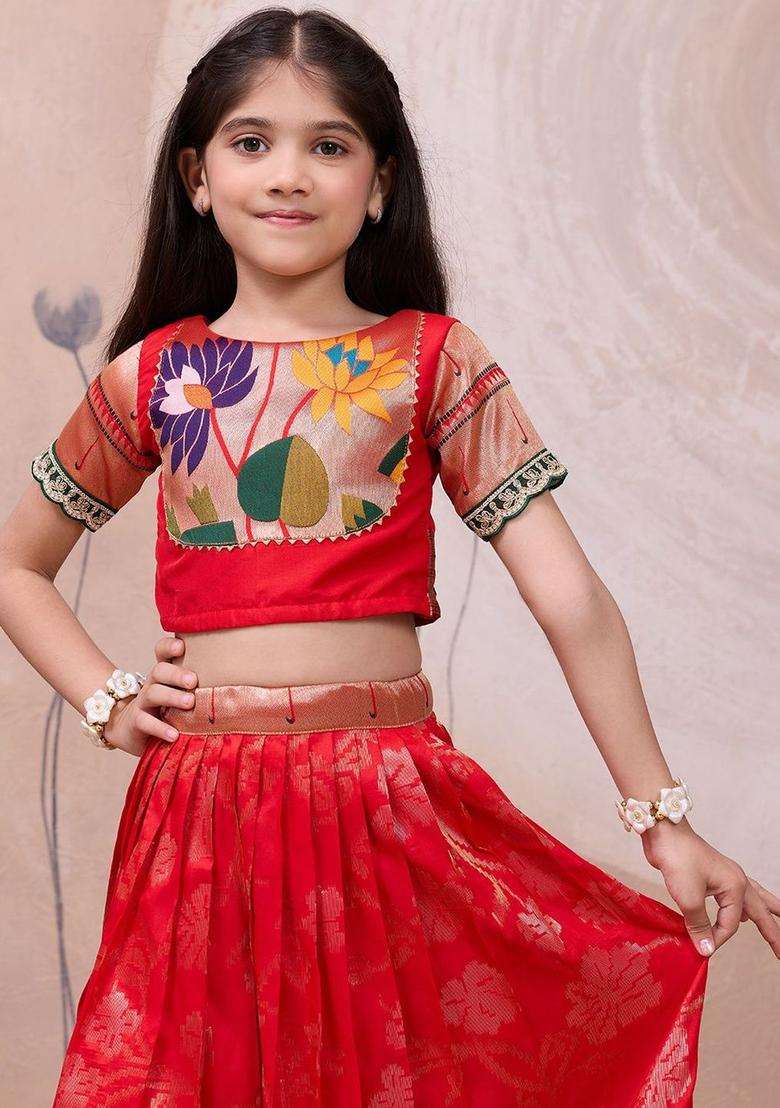 Red Woven Design Silk Lehenga Set For Girls - Indya