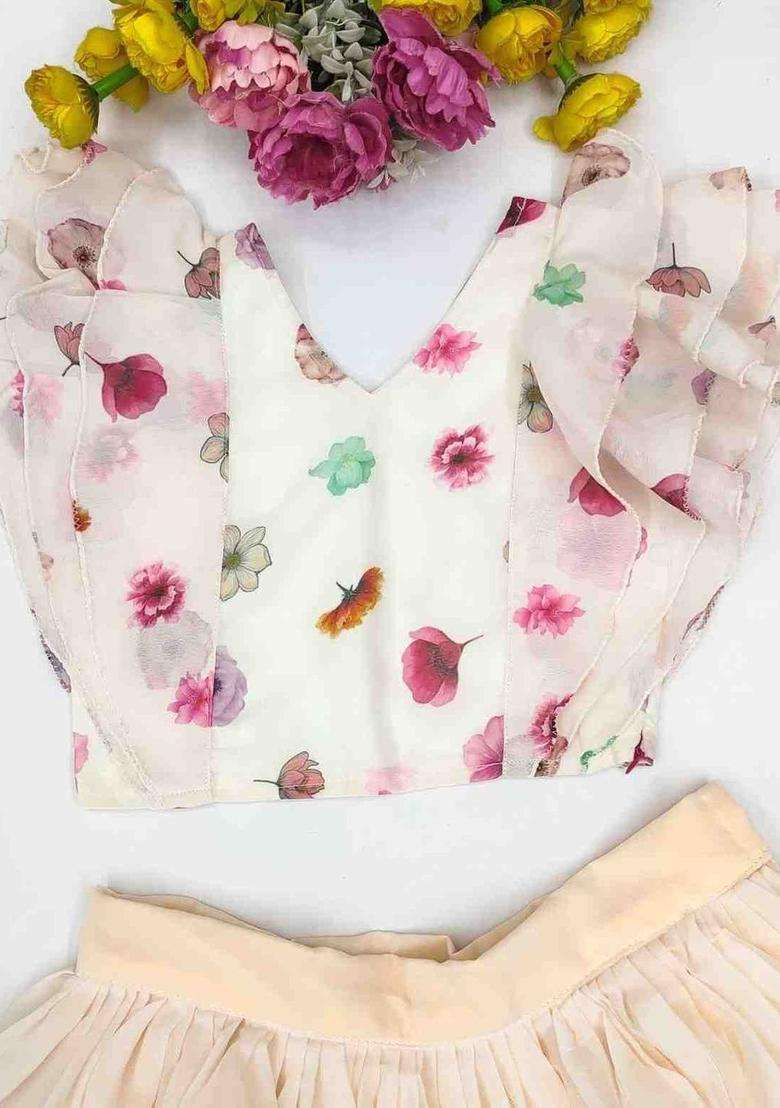 Beige Floral Georgette Lehenga Set For Girls - Indya