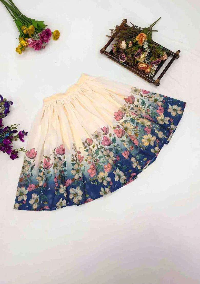 Beige Floral Georgette Lehenga Set For Girls - Indya