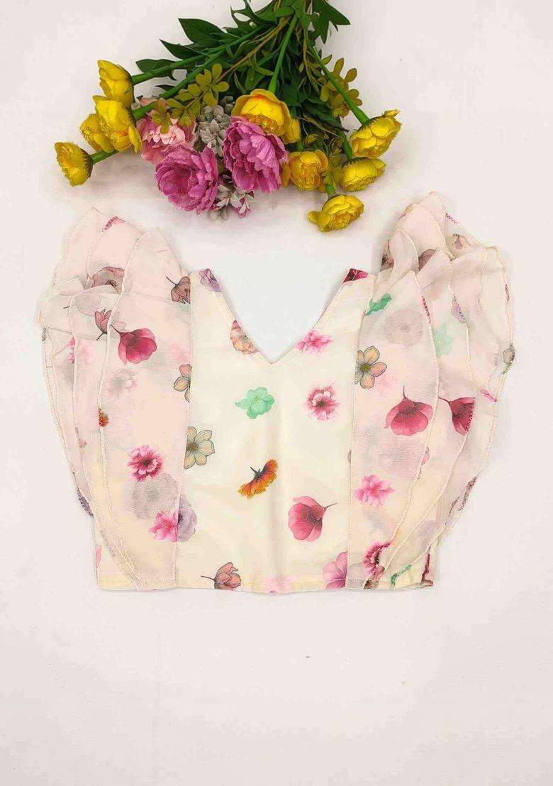 Beige Floral Georgette Lehenga Set For Girls - Indya