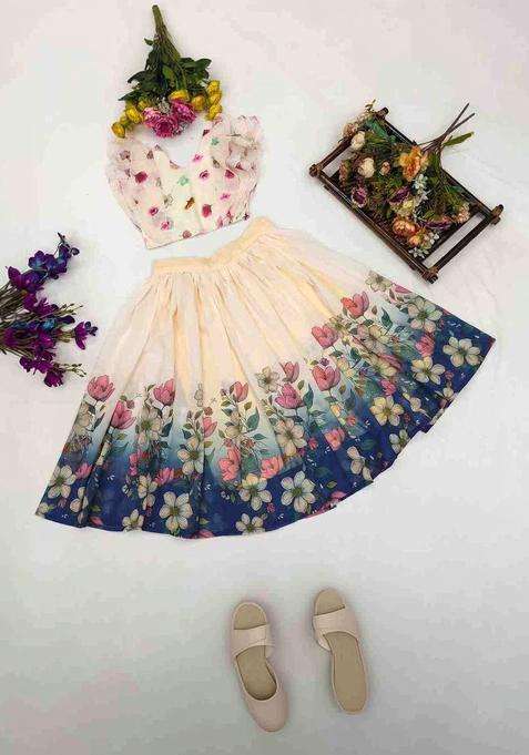 Beige Floral Georgette Lehenga Set For Girls
