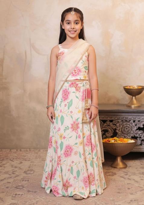 White Printed Polyester Lehenga Set For Girls — view on Indya