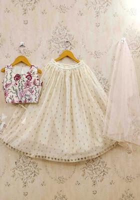 White Embroidered Silk Lehenga Set For Girls