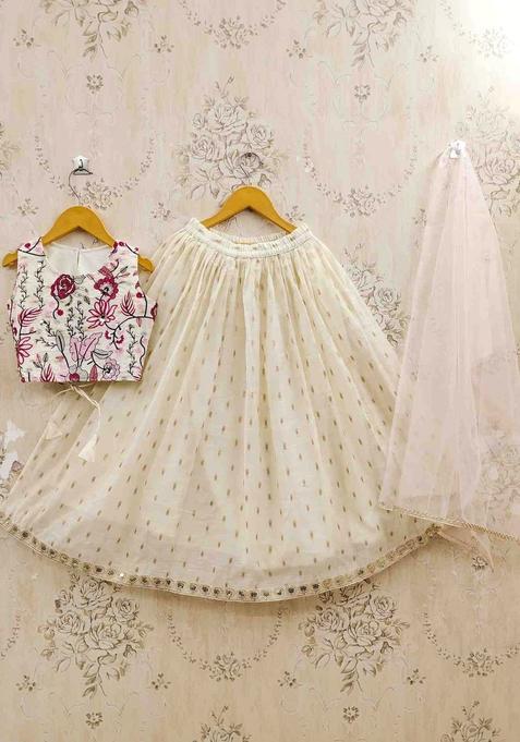 White Embroidered Silk Lehenga Set For Girls — view on Indya