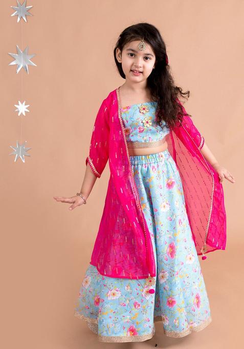 Blue Printed Polyester Lehenga Set For Girls — view on Indya